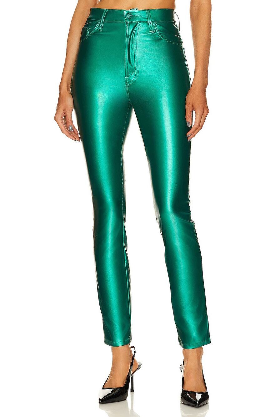 Mother High Waisted Rail Skimp June Bug Emerald Green Slim Faux Leather Pants